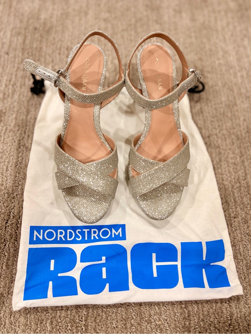 Cole Haan Glitter Open-Toe T-Strap Heels in Silver